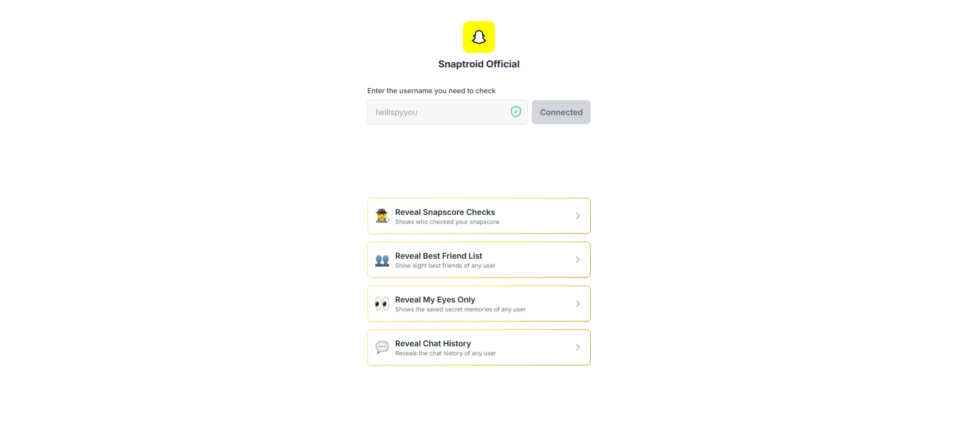 A screenshot of the Snaptroid dashboard showing modules for recent chats, location tracking, and snap history for a monitored account.